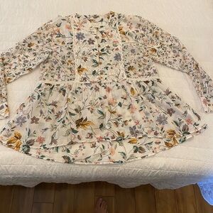 Anthropologie Cream Floral Lace-Trim Peplum Blouse